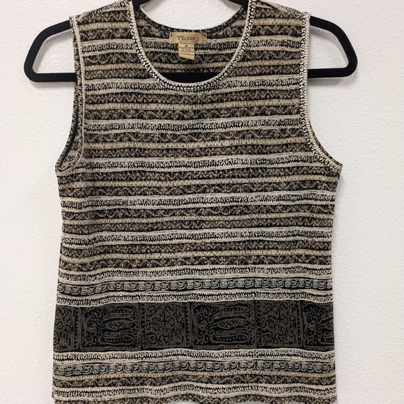 Plisse Tops - Vintage Y2K Crinkle Pleat Geometric Aztec Neutral Tank Top sz M